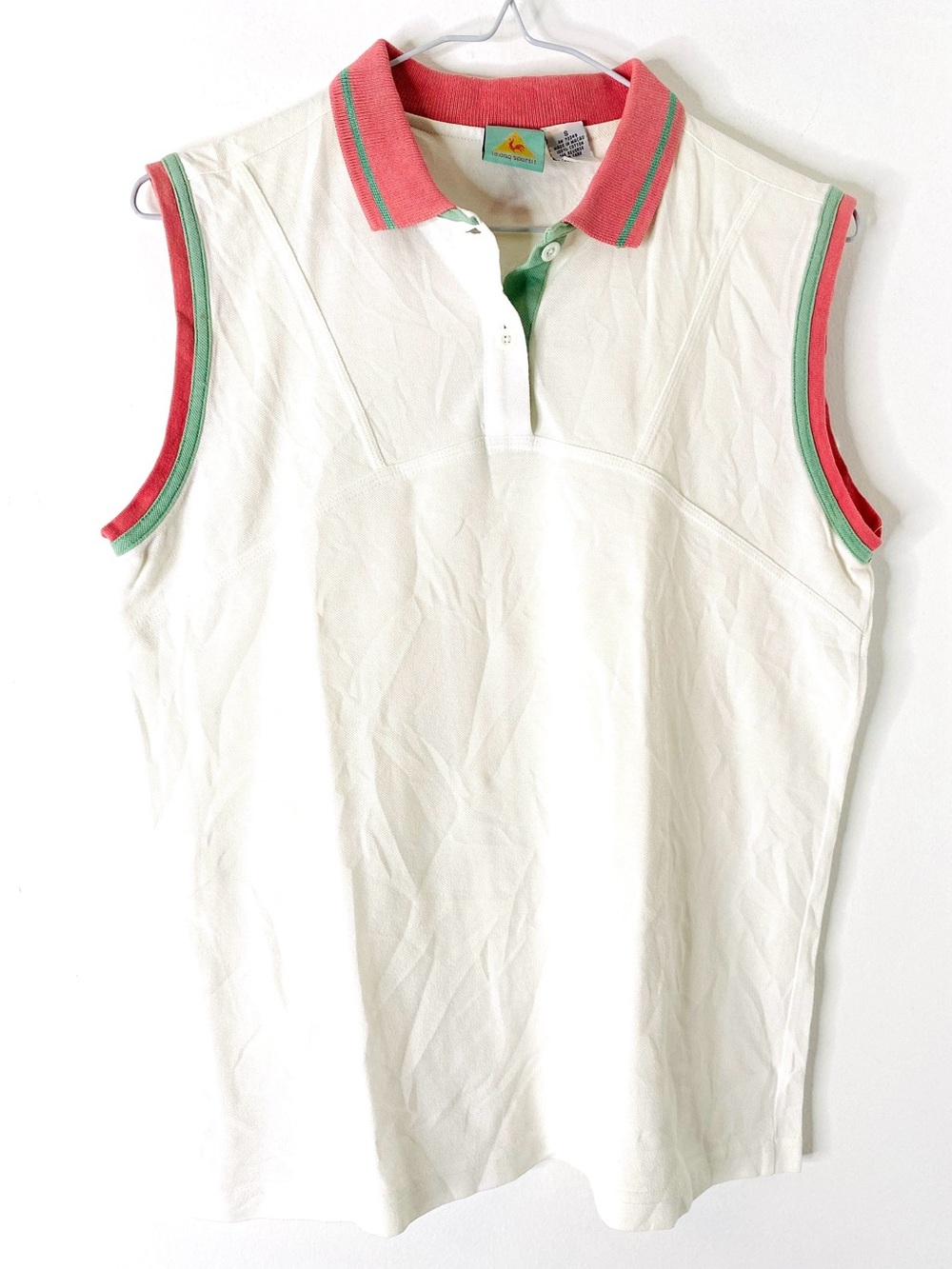 Le Coq Sportif White Sleeveless Golf Polo Pink Green Trim Cotton Top